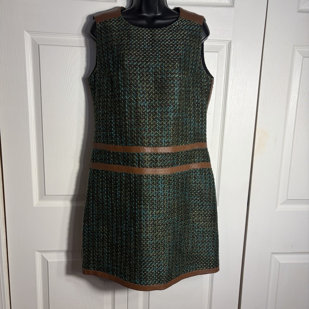 Rachel Roy Tweed Shift Dress Women 12 Green Woven Leather Trim Sleeveless Autumn